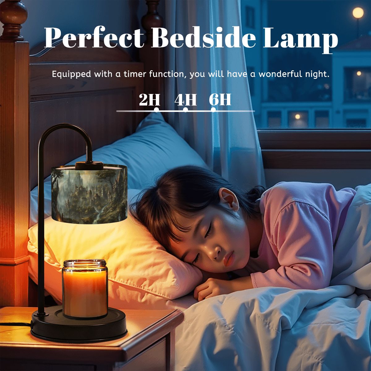 Child sleeping in bed with a bedside lamp and candle, text indicating timer options.