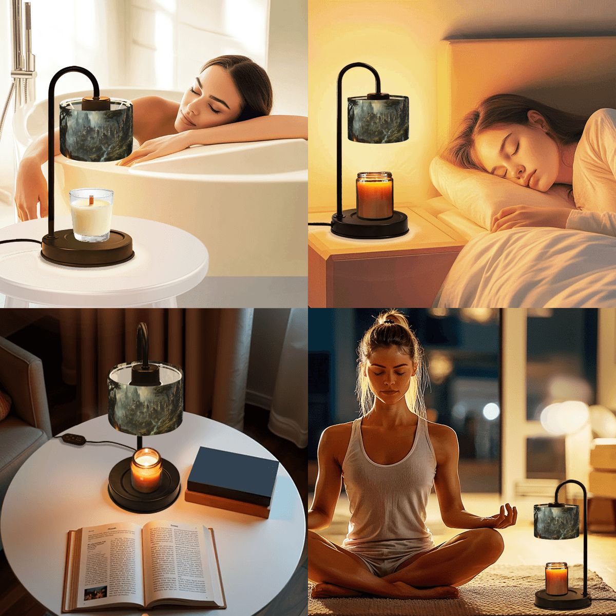 Collage of a woman relaxing in various settings with a table lamp and candle.