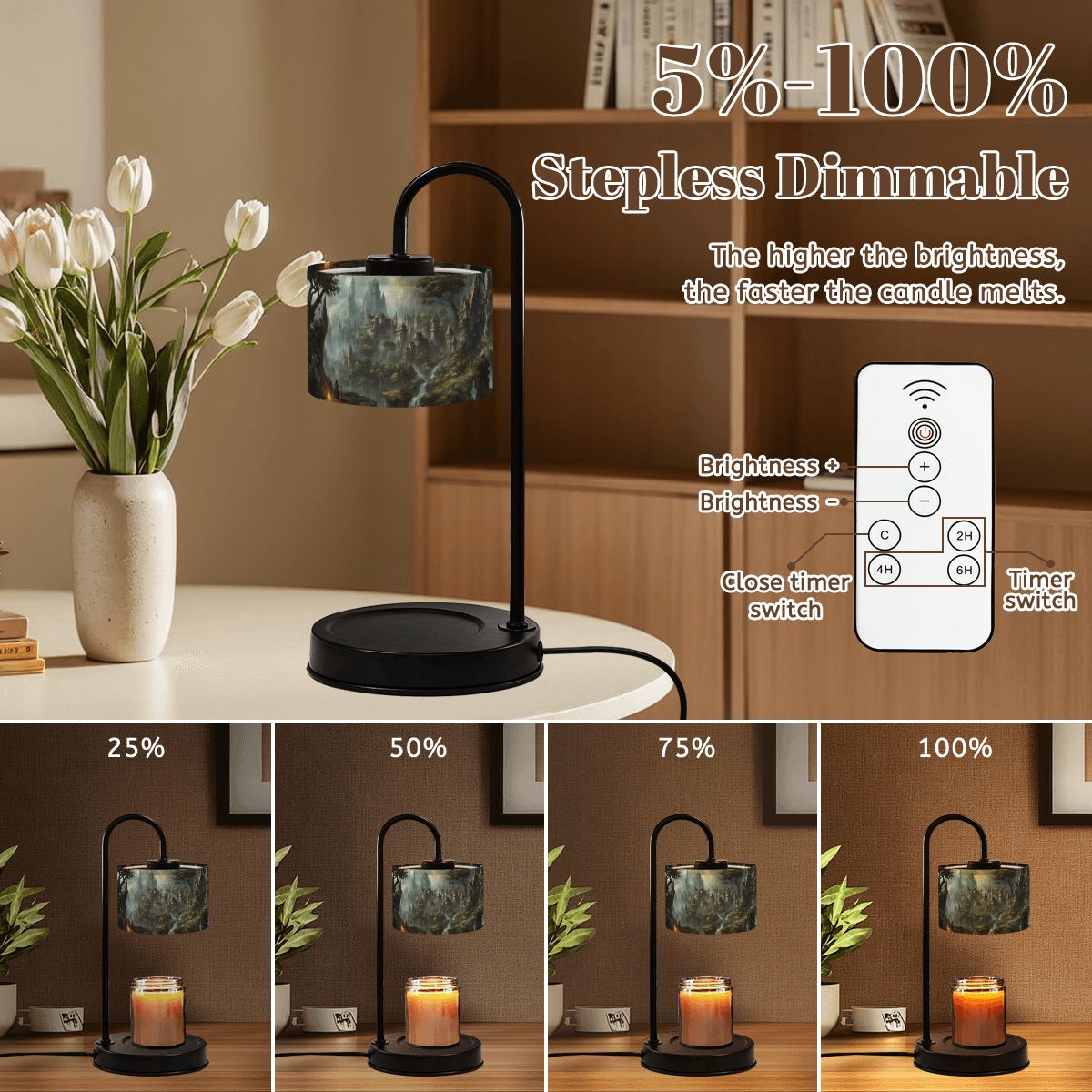 Dimmable candle lamp with remote control on a table with flowers, showing stepless dimming capabilities.