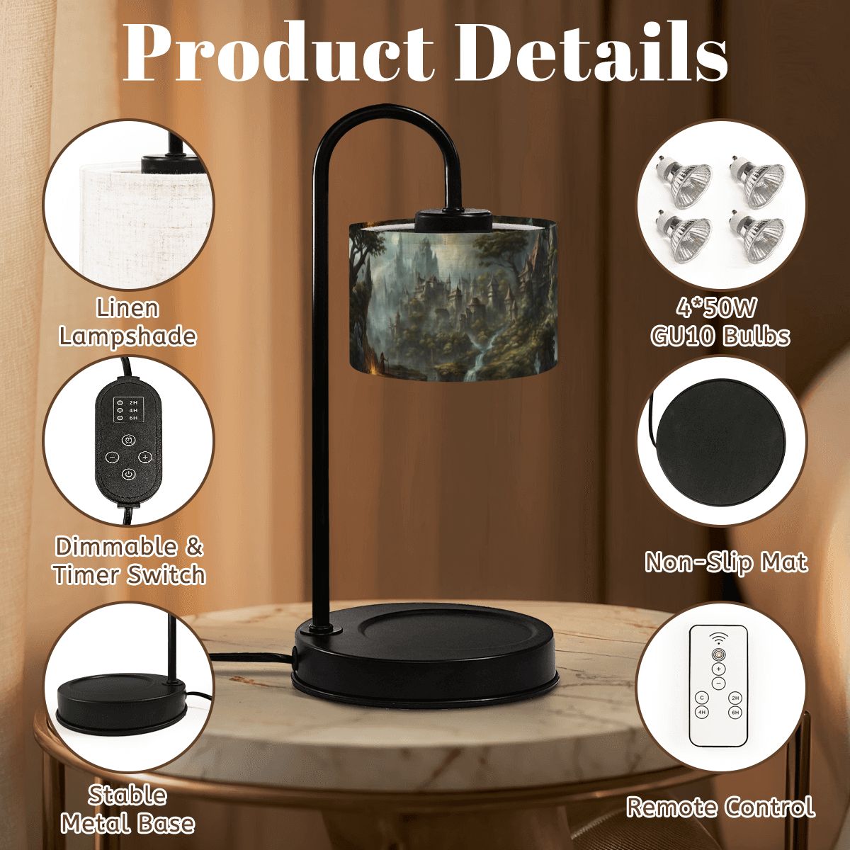 Table lamp with product details on a wooden surface