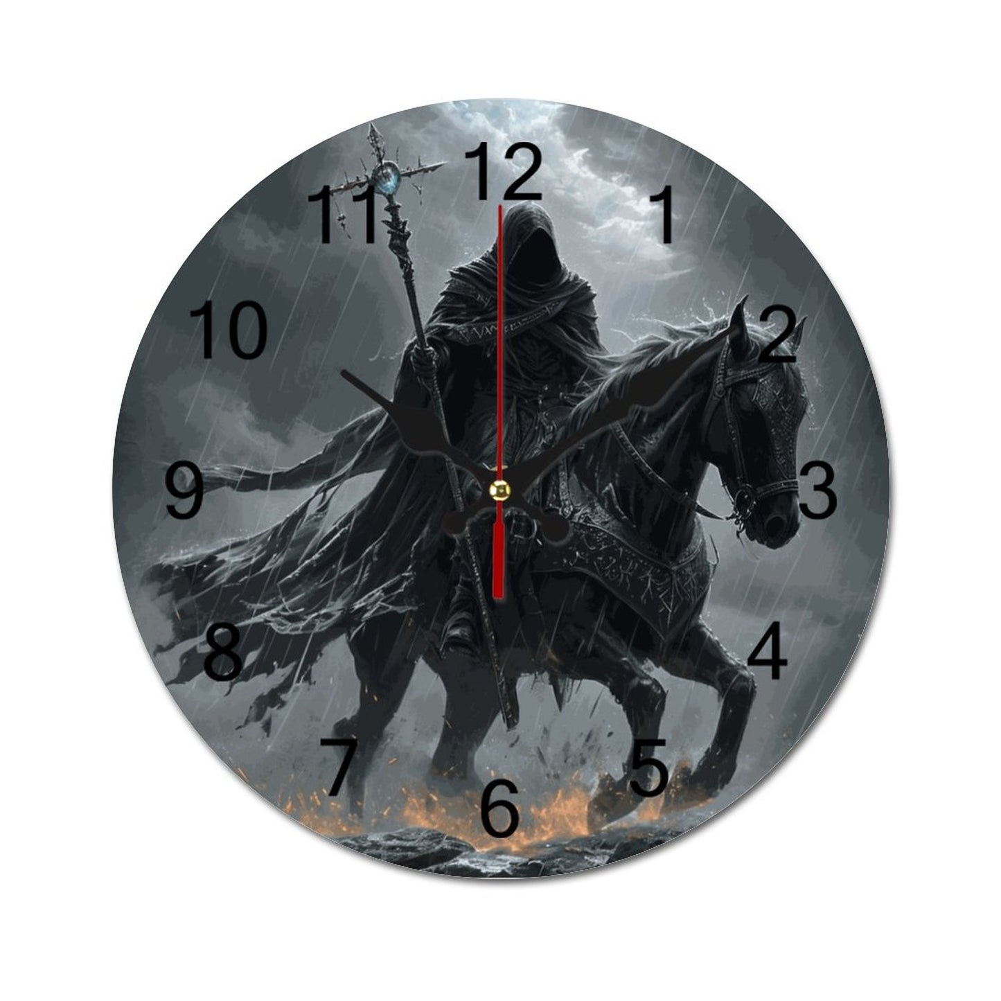 A wall clock featuring a black and white illustration of a knight riding a horse with a stormy background.
