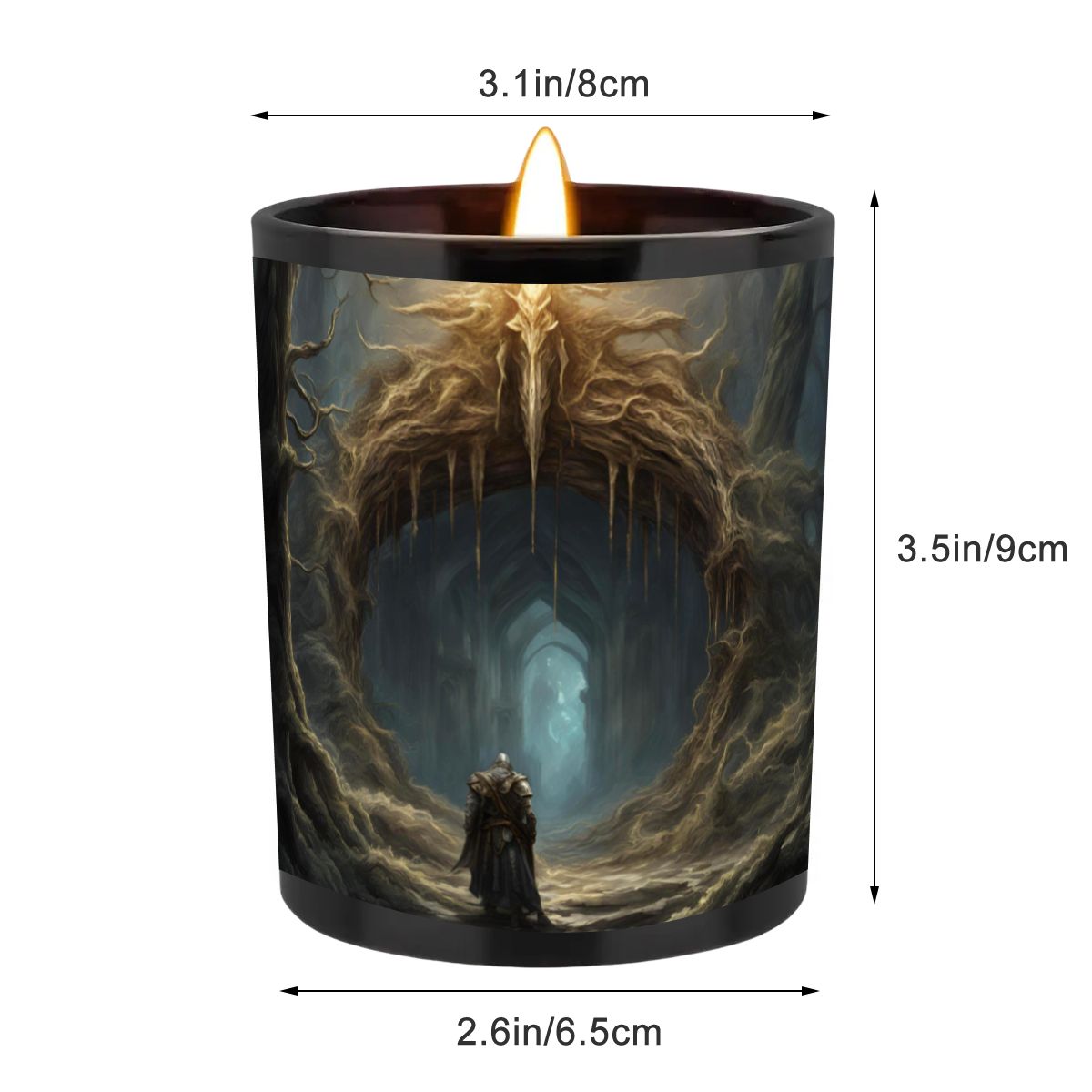 Candle with artistic design and measurements on a white background