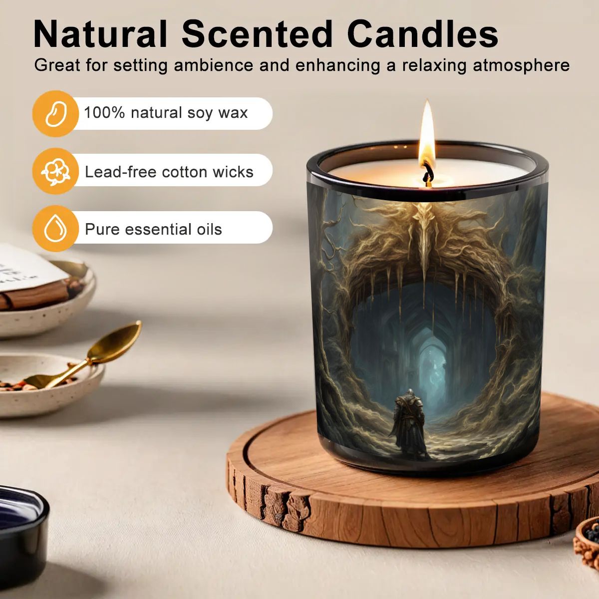 Candle with artistic design on a wooden coaster, surrounded by minimal decor.