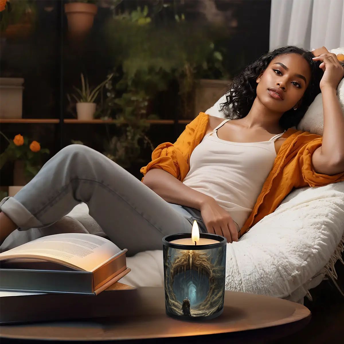 Woman relaxing on a couch with a candle and book in a cozy setting