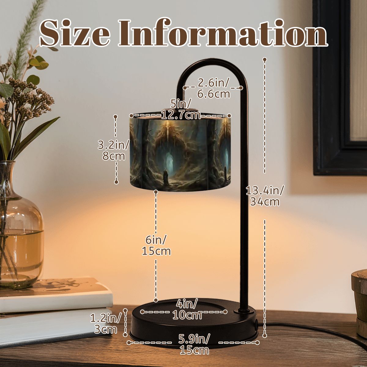 Table lamp with size measurement indicators on a wooden surface.