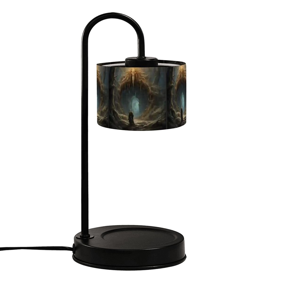 Black table lamp with a decorative shade on a white background