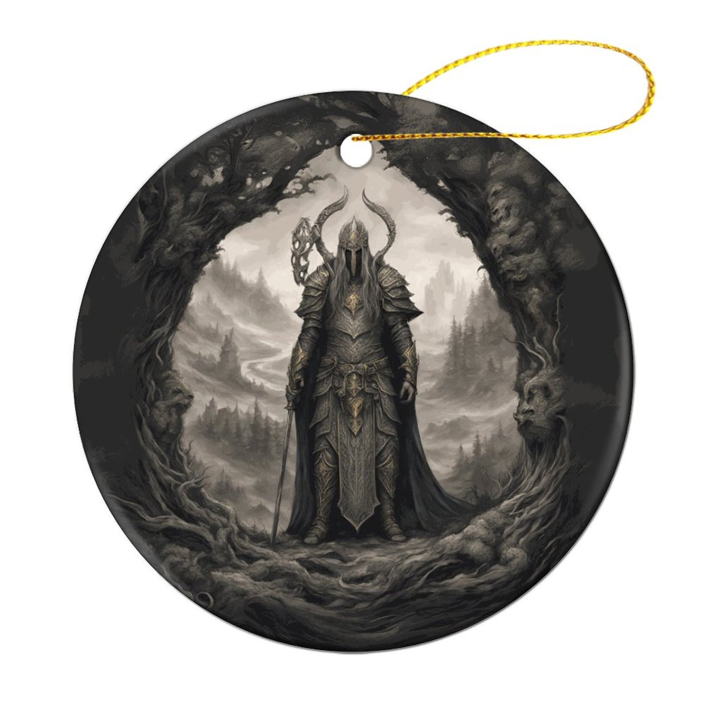 Elden Ring Warrior King Christmas Ceramic Ornament, adorned with the essence of Sephiroth, Age of Sigmar, Dark Souls, and Yule Gothic elegance