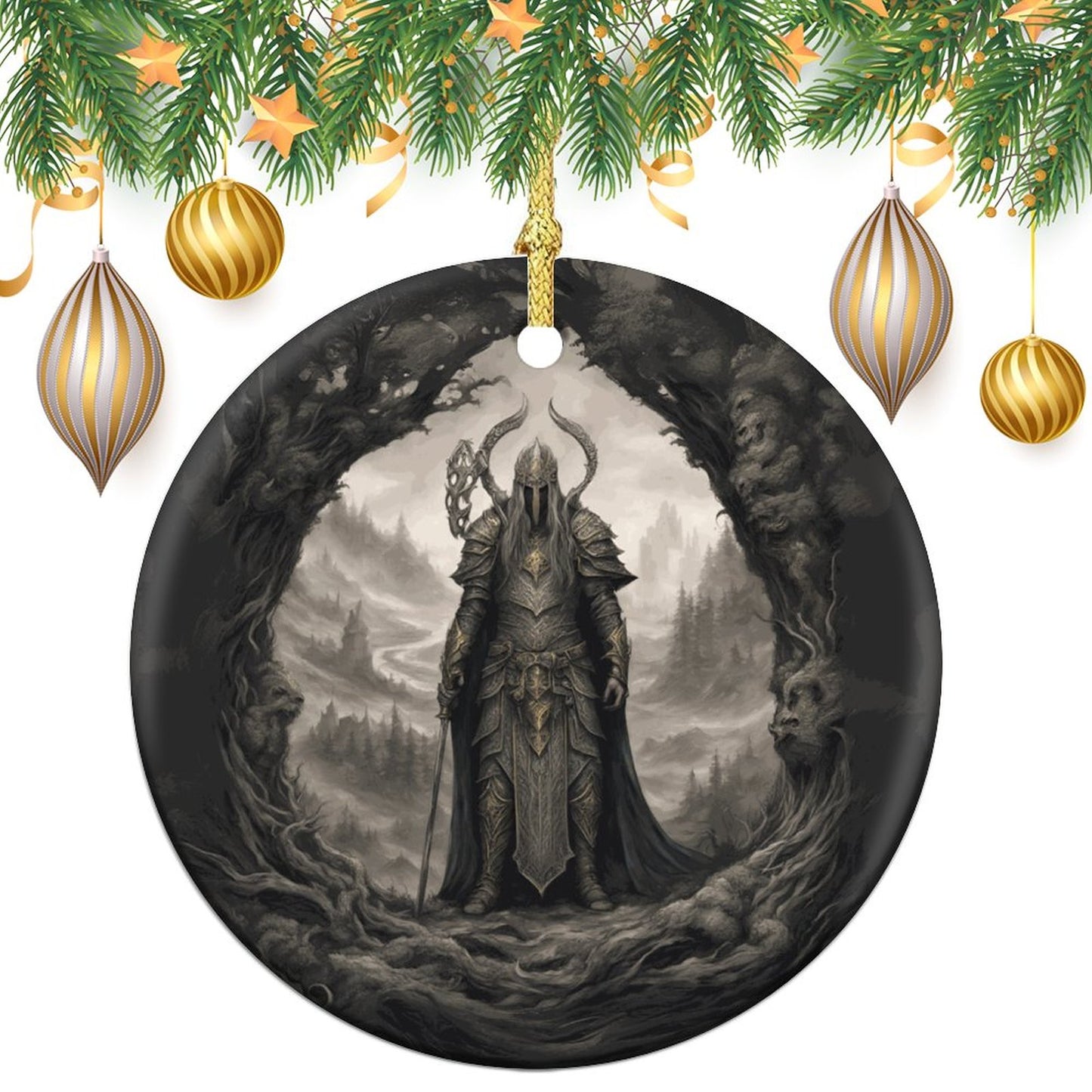 Elden Ring Warrior King Christmas Ceramic Ornament, adorned with the essence of Sephiroth, Age of Sigmar, Dark Souls, and Yule Gothic elegance