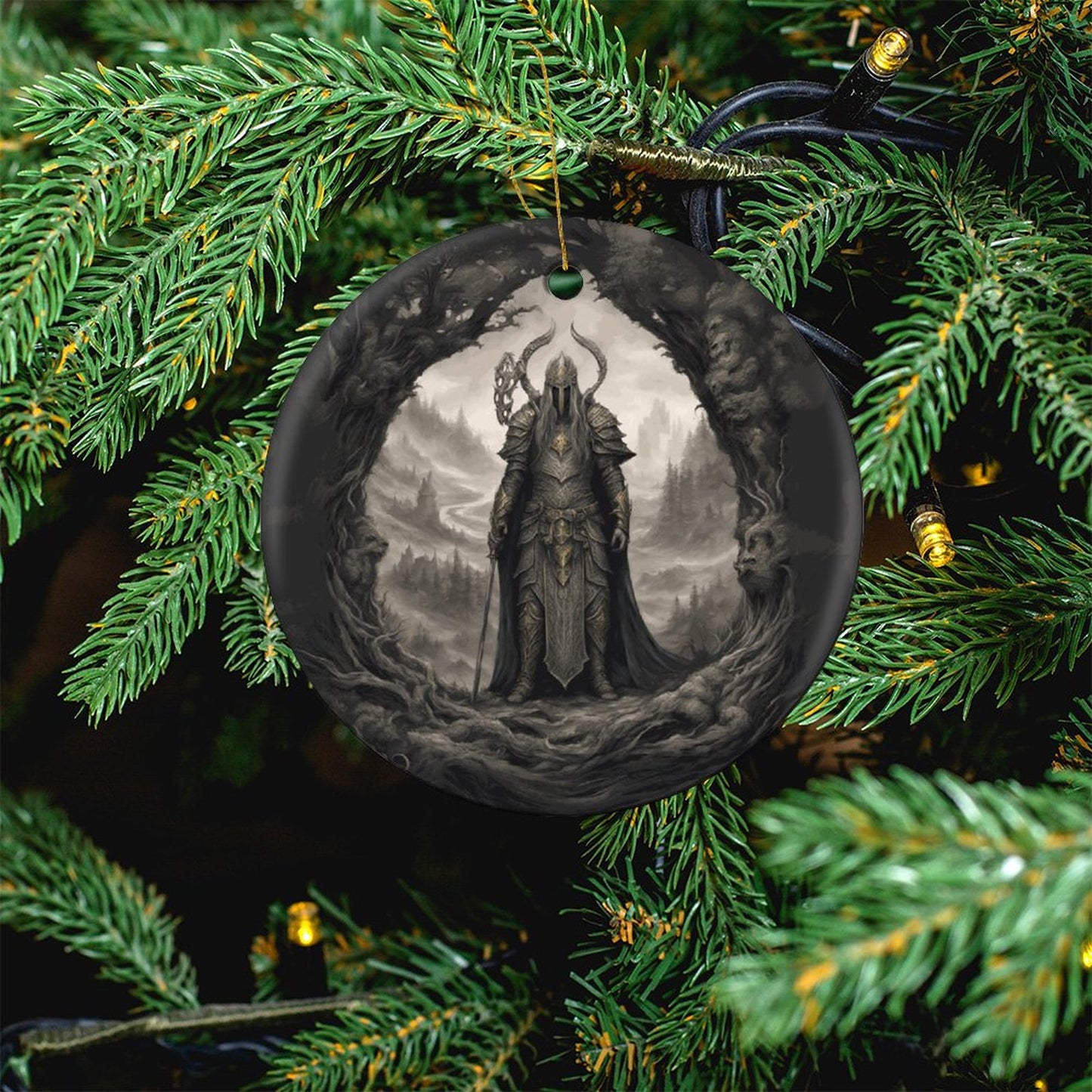 Elden Ring Warrior King Christmas Ceramic Ornament, adorned with the essence of Sephiroth, Age of Sigmar, Dark Souls, and Yule Gothic elegance