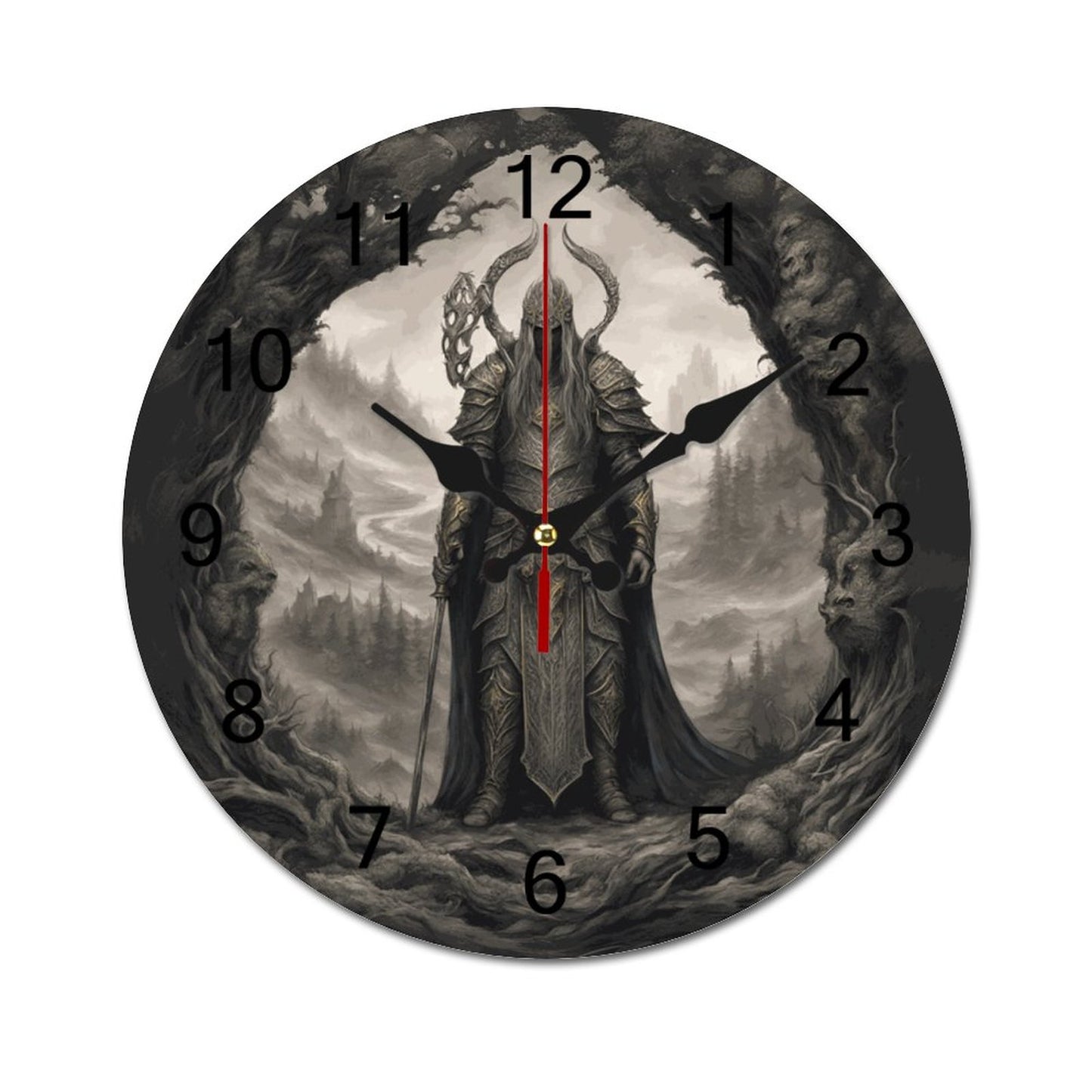 A wooden wall clock featuring a black background with a fantasy character in a dark forest setting. The clock has white and red hands, with numbers from 1 to 12 and a small symbol at the top.