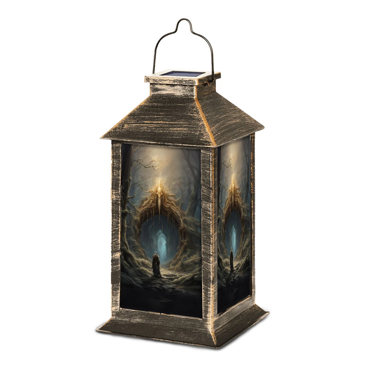 Decorative lantern with a dark, mystical design on a white background