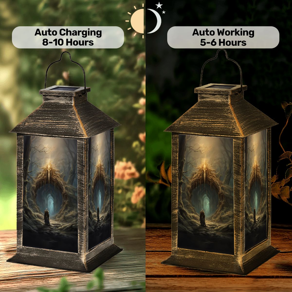 Solar lantern with text indicating charging and working times on a wooden surface.