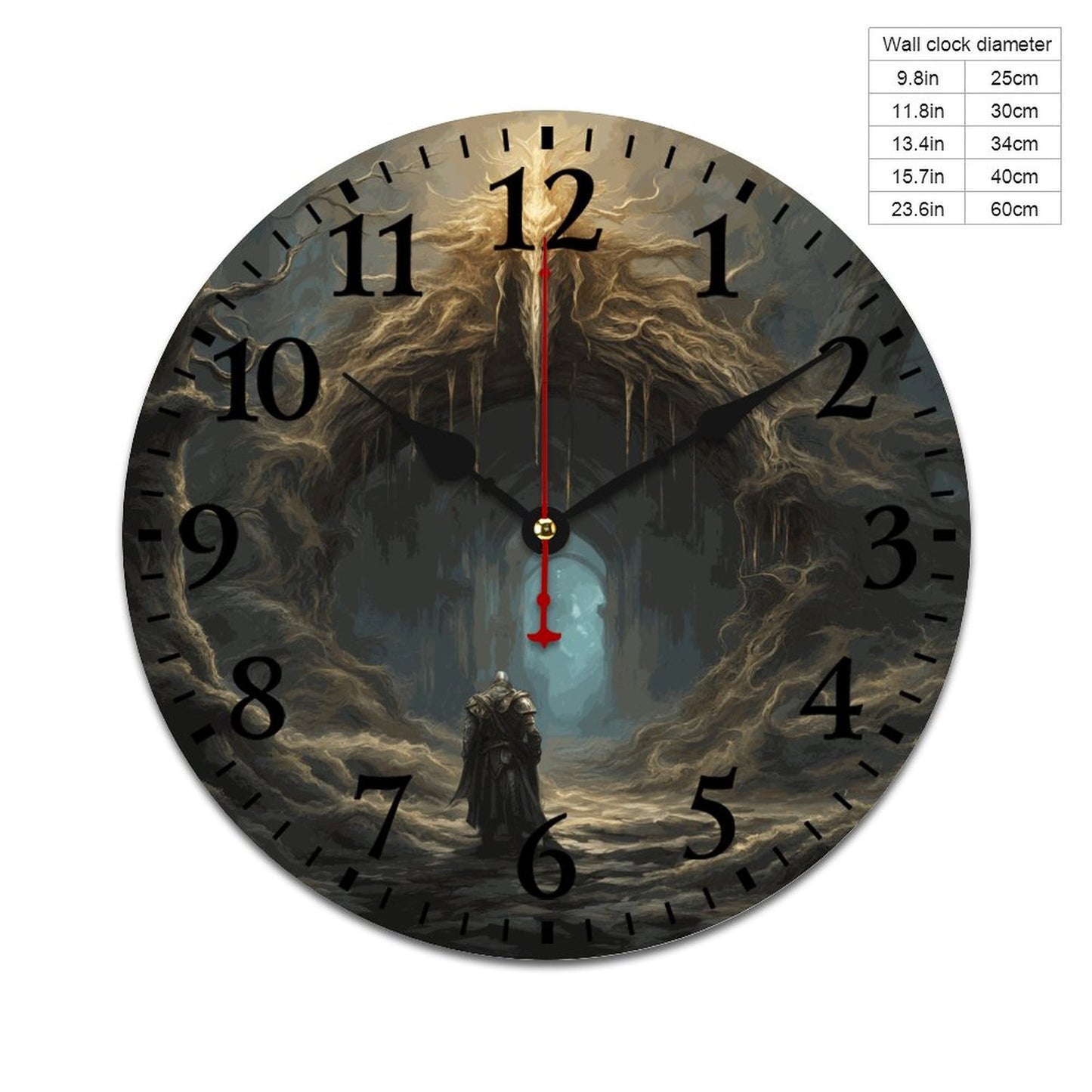 Decorative wall clock with fantasy design and size chart on the side