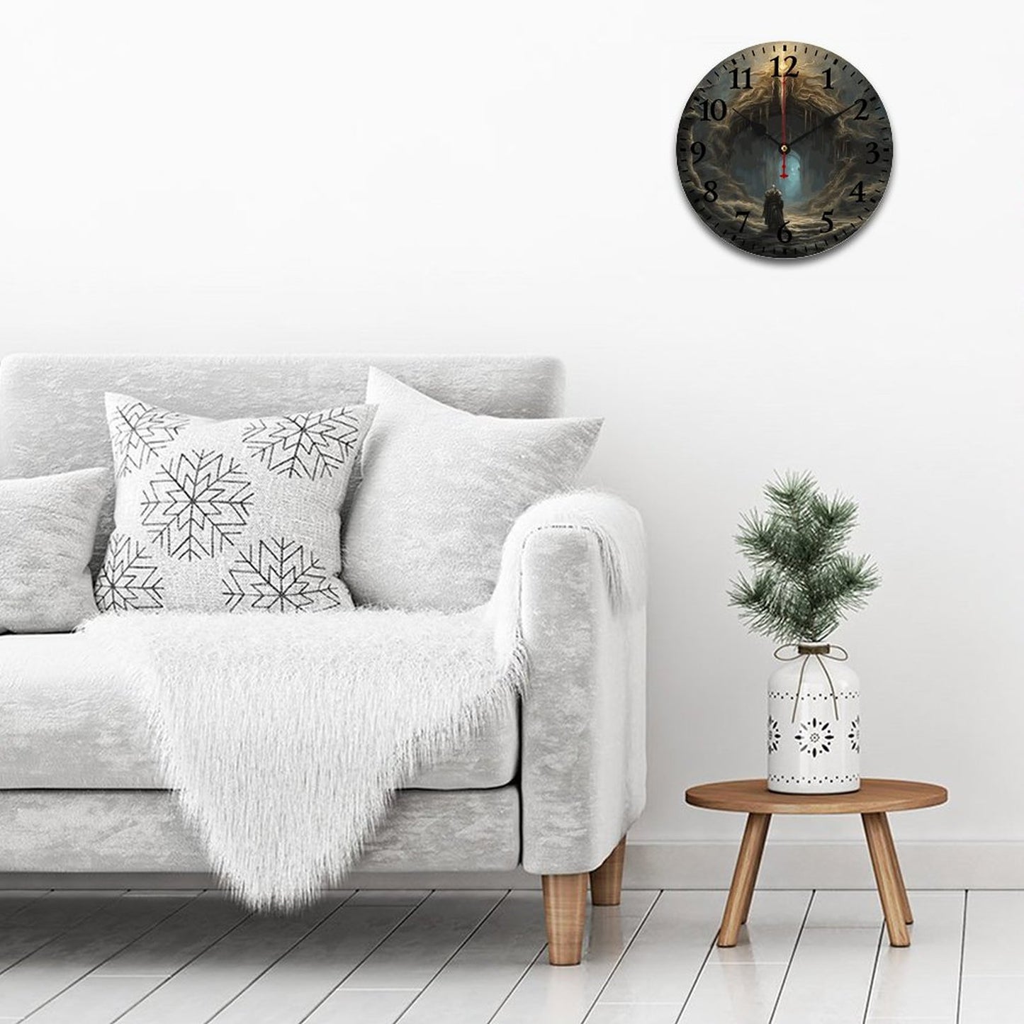 Gray sofa with decorative pillows and a wall clock in a living room setting.
