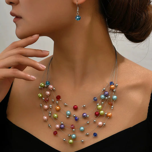 Ethnic Boho Multilayer Colorful Pearl Beads Necklace & Earrings Set