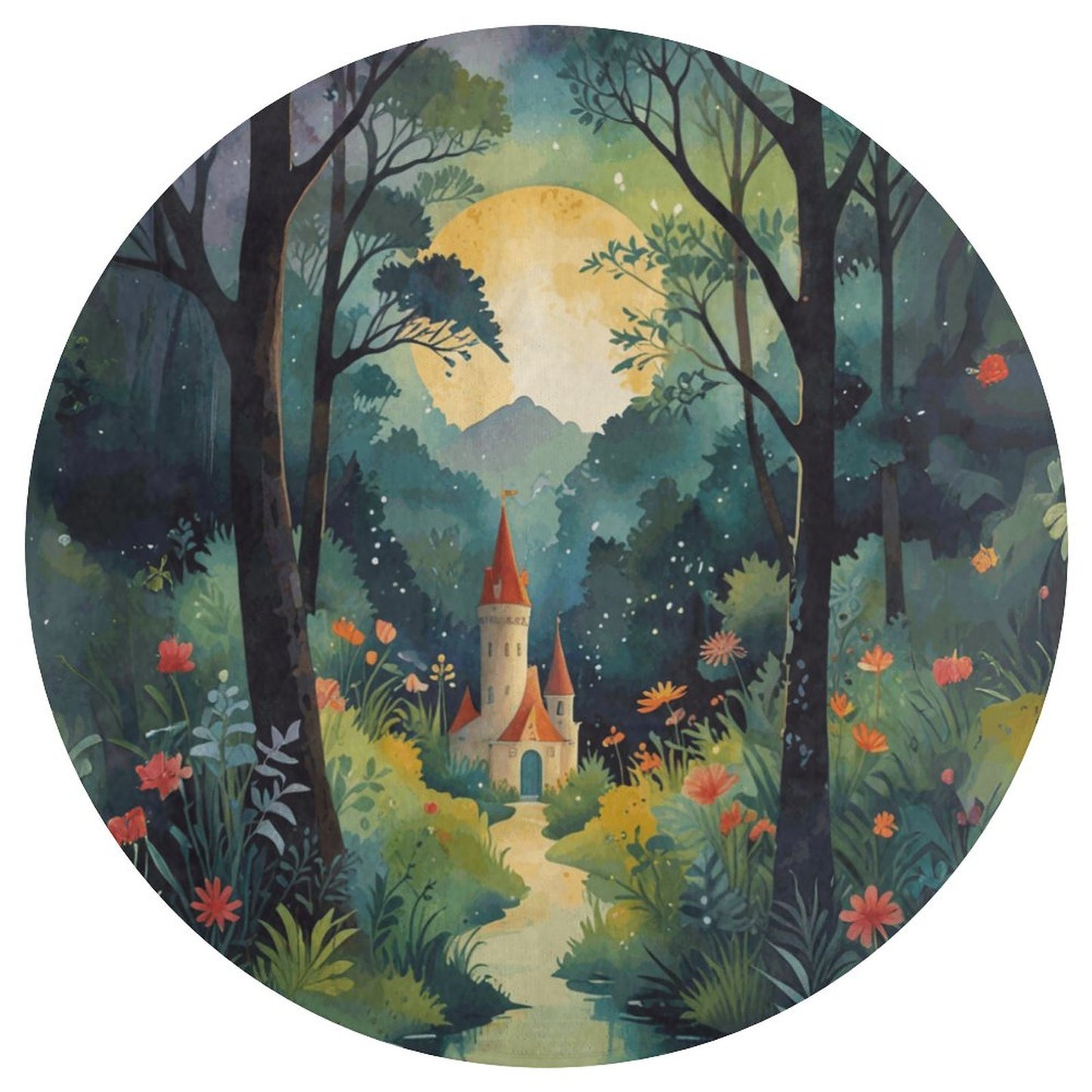 Fairytale Castle Round Coral Velvet Warm Floor Mat, Non-slip Coral Velvet Warm Floor Mat