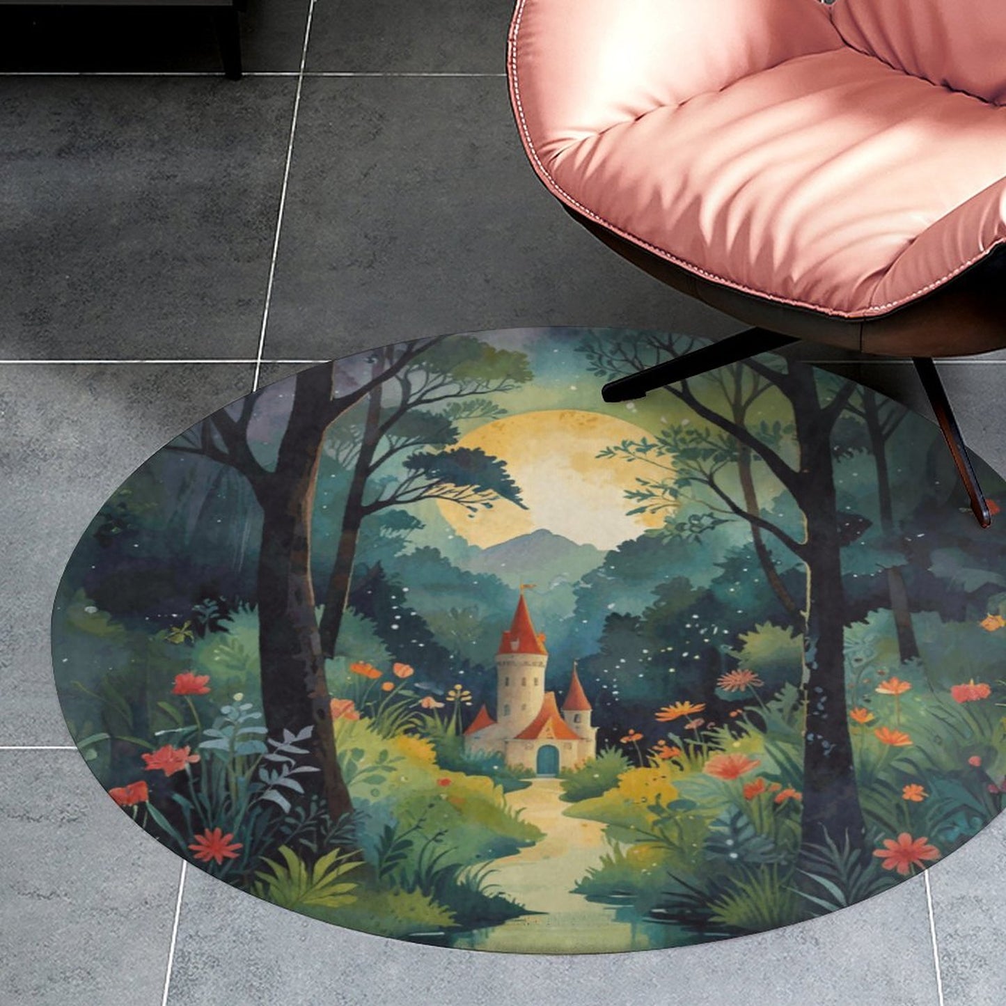 Fairytale Castle Round Coral Velvet Warm Floor Mat, Non-slip Coral Velvet Warm Floor Mat