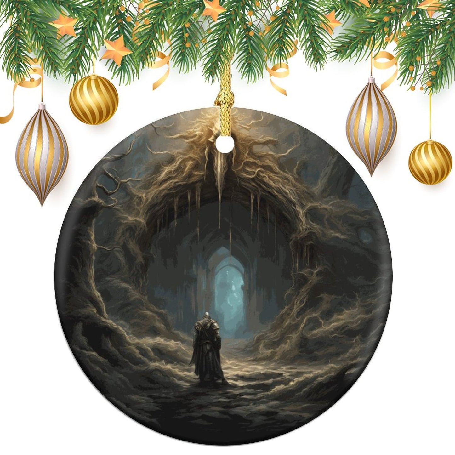 Fantasy Elden Ring Warrior Round Christmas Ceramic Ornament, Fantasy Elden Ring Warrior Christmas Ceramic Ornament, malenia elden ring, elden ring art, elden ring gamer merch, dark souls, bloodborne