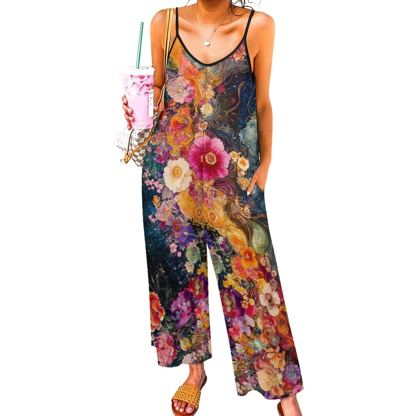 A model wearing a sleeveless, floral print suspender jumpsuit with wide leg pants.