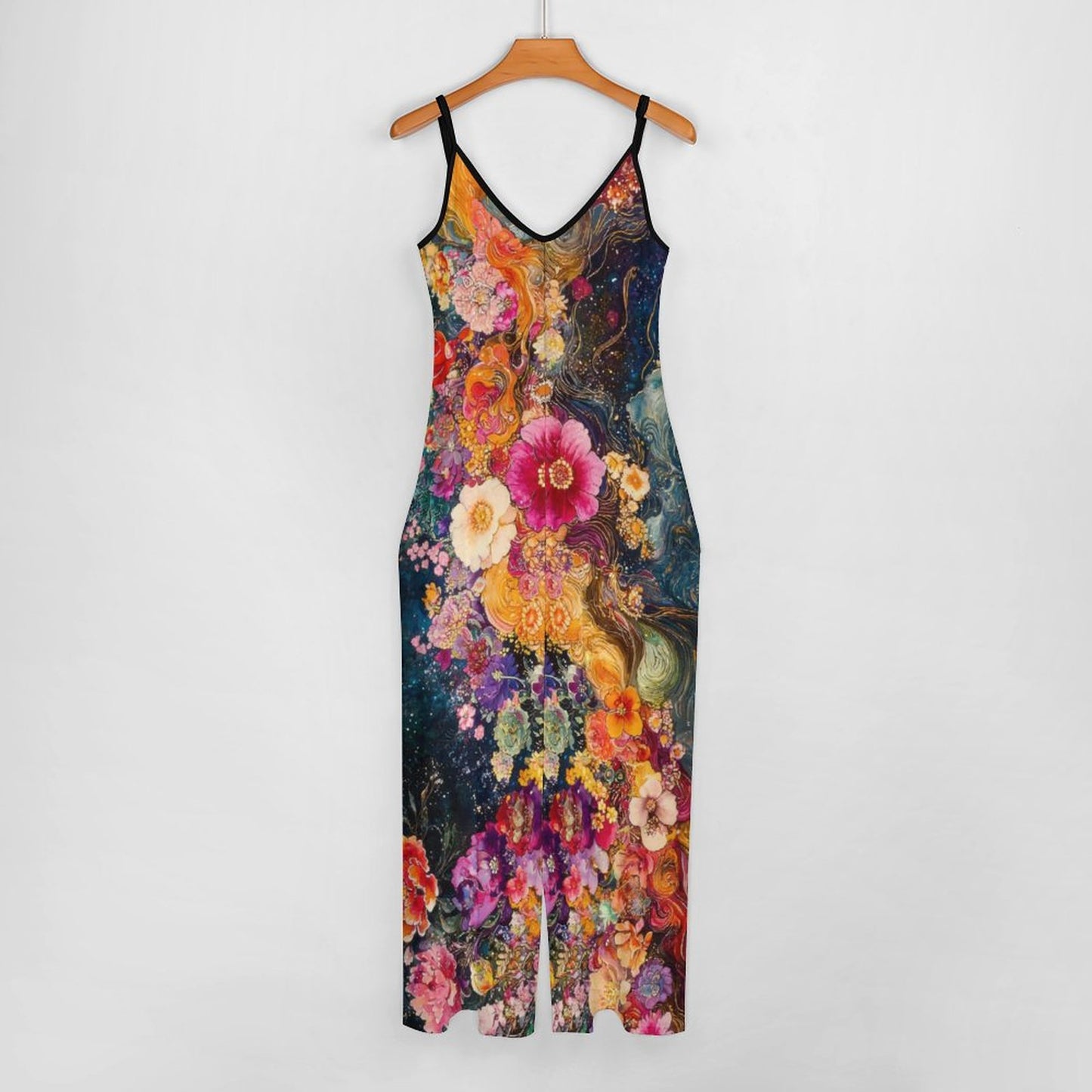 Colorful floral dress on a hanger against a white background