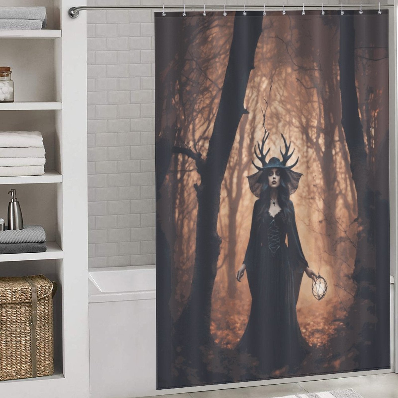 Forest Witch Shower Curtain, Gothic Decor, winter solstice moon goddess
