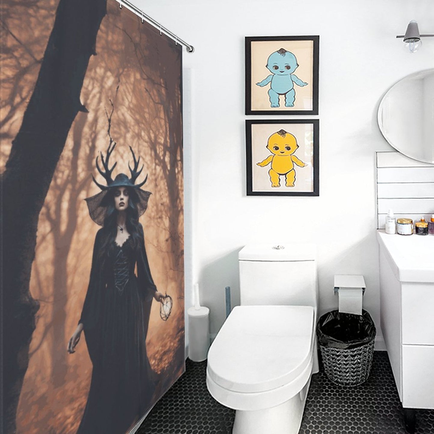 Forest Witch Shower Curtain, Gothic Decor, winter solstice moon goddess