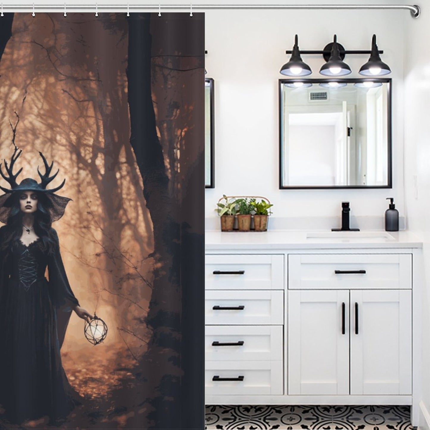Forest Witch Shower Curtain, Gothic Decor, winter solstice moon goddess