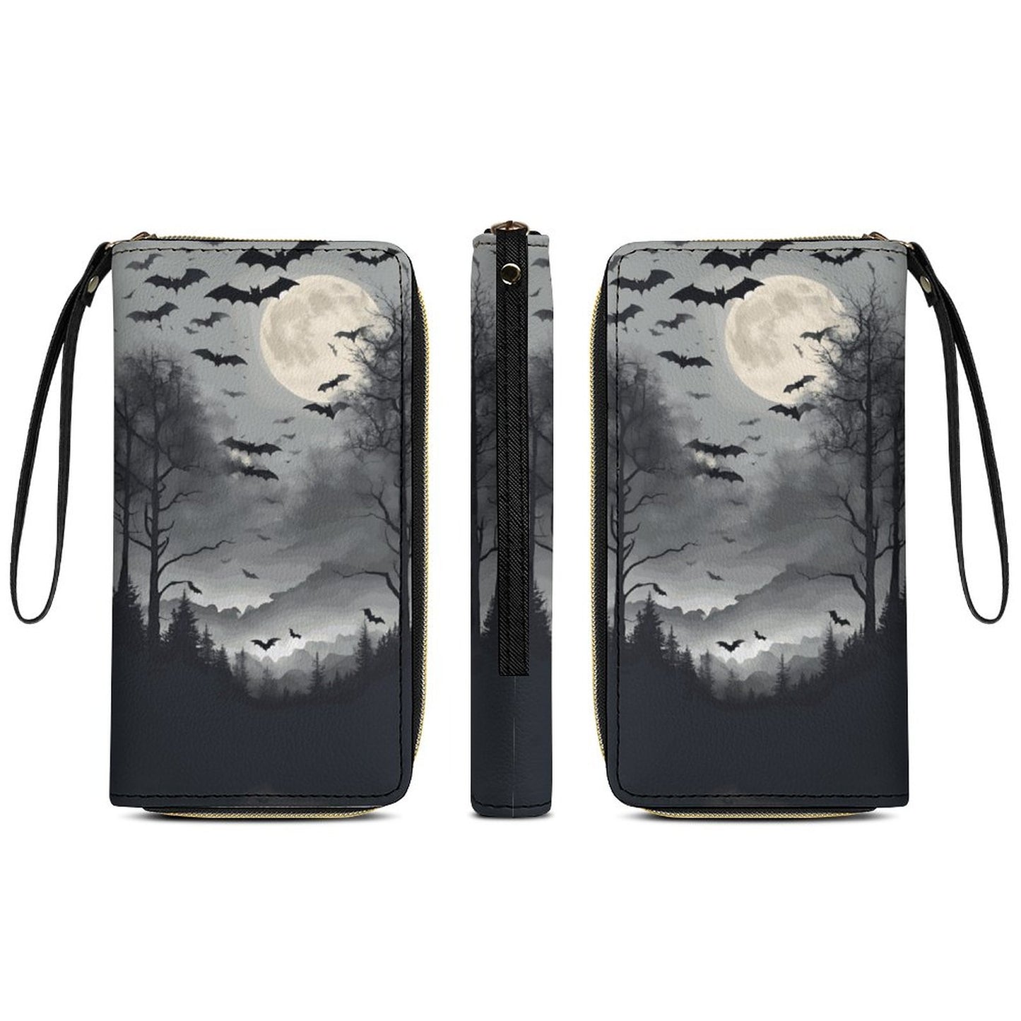 Full Moon Cloud of Bats Leather Wallet with Wristlet Strap