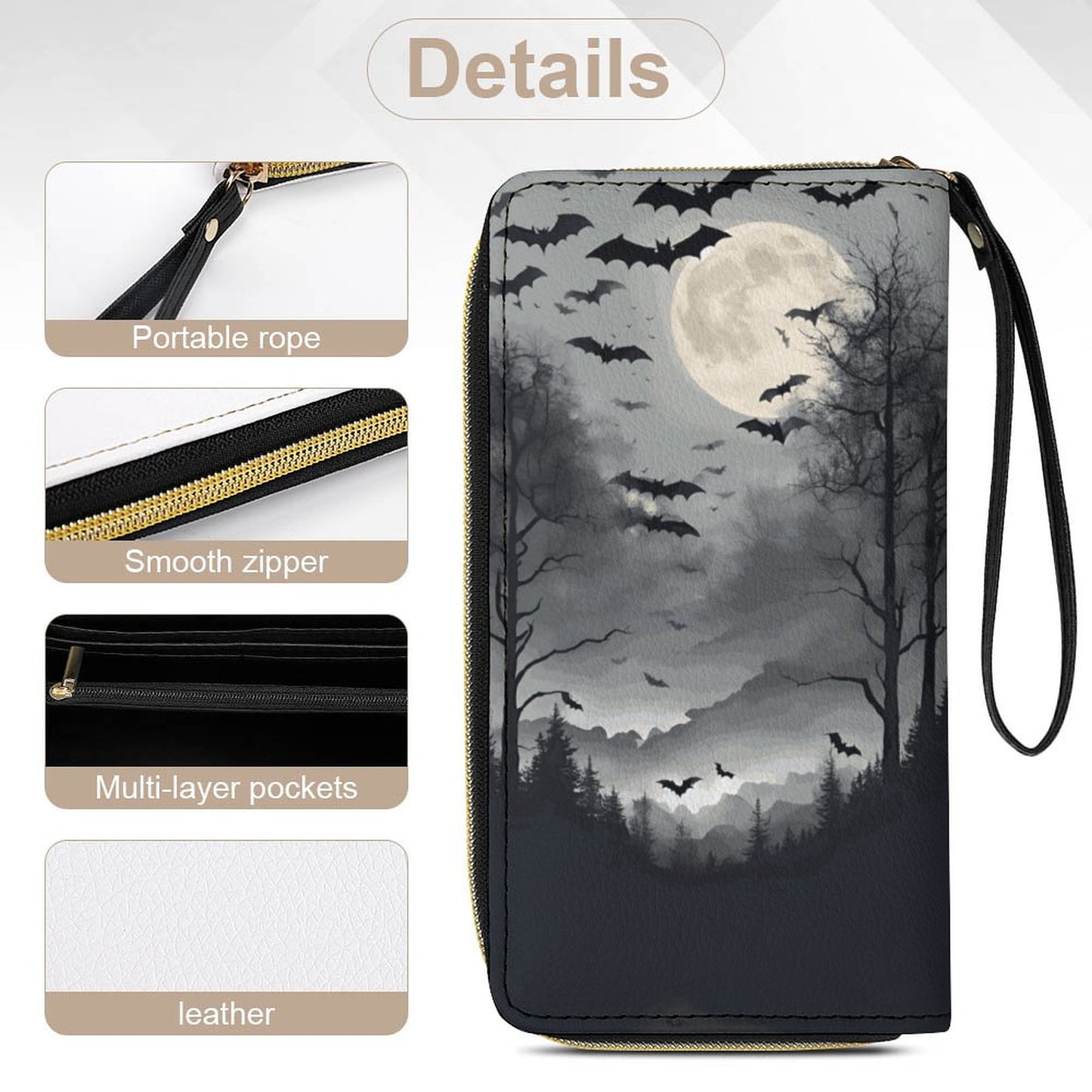 Full Moon Cloud of Bats Leather Wallet with Wristlet Strap