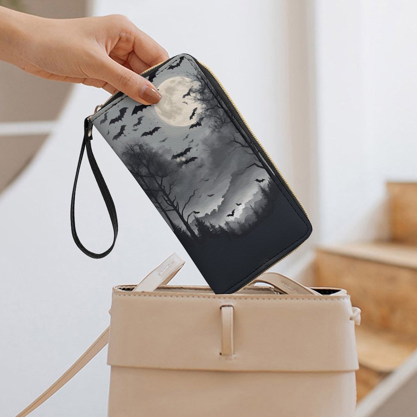 Full Moon Cloud of Bats Leather Wallet with Wristlet Strap