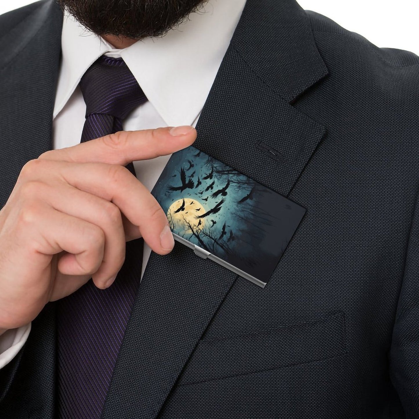 Full Moon Crow Business Card Holder: Gothic Goblincore Witch Decor