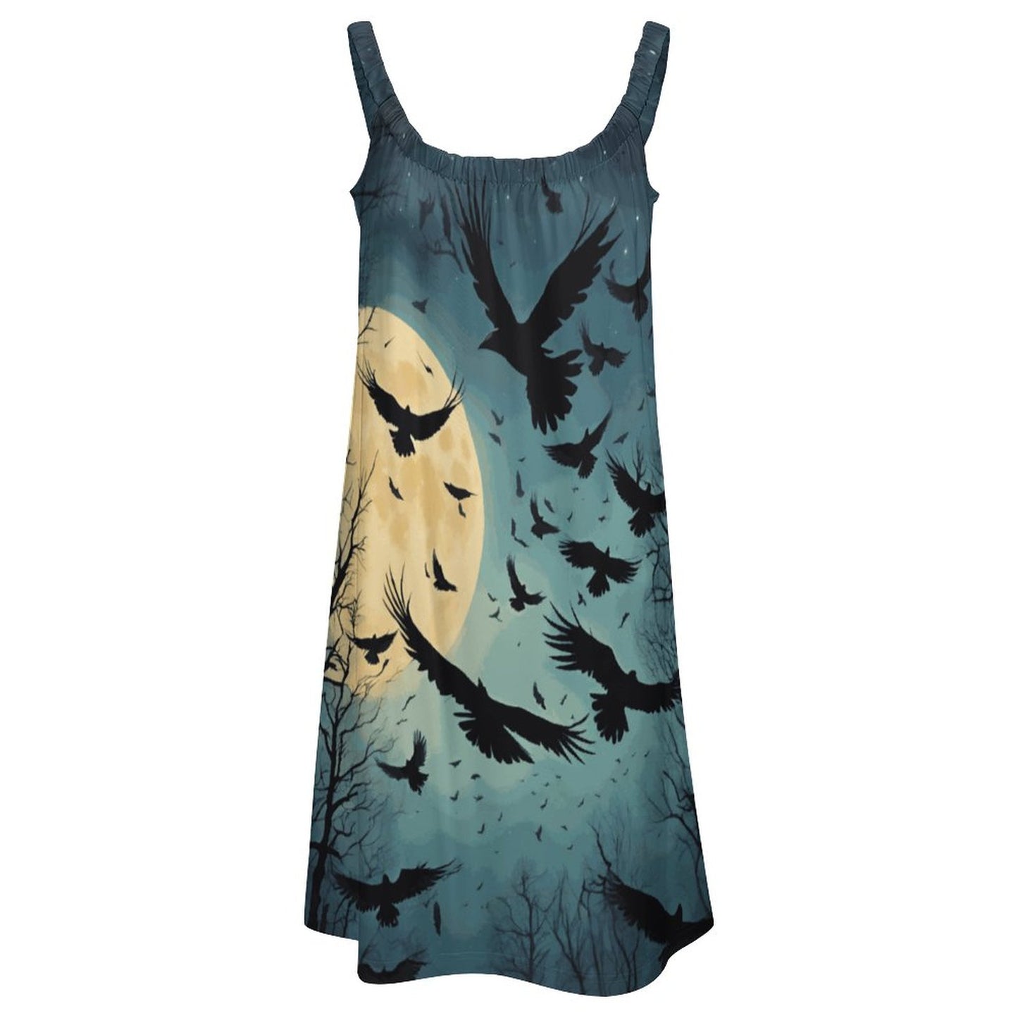 Dress with a design of birds flying around a moon on a blue background