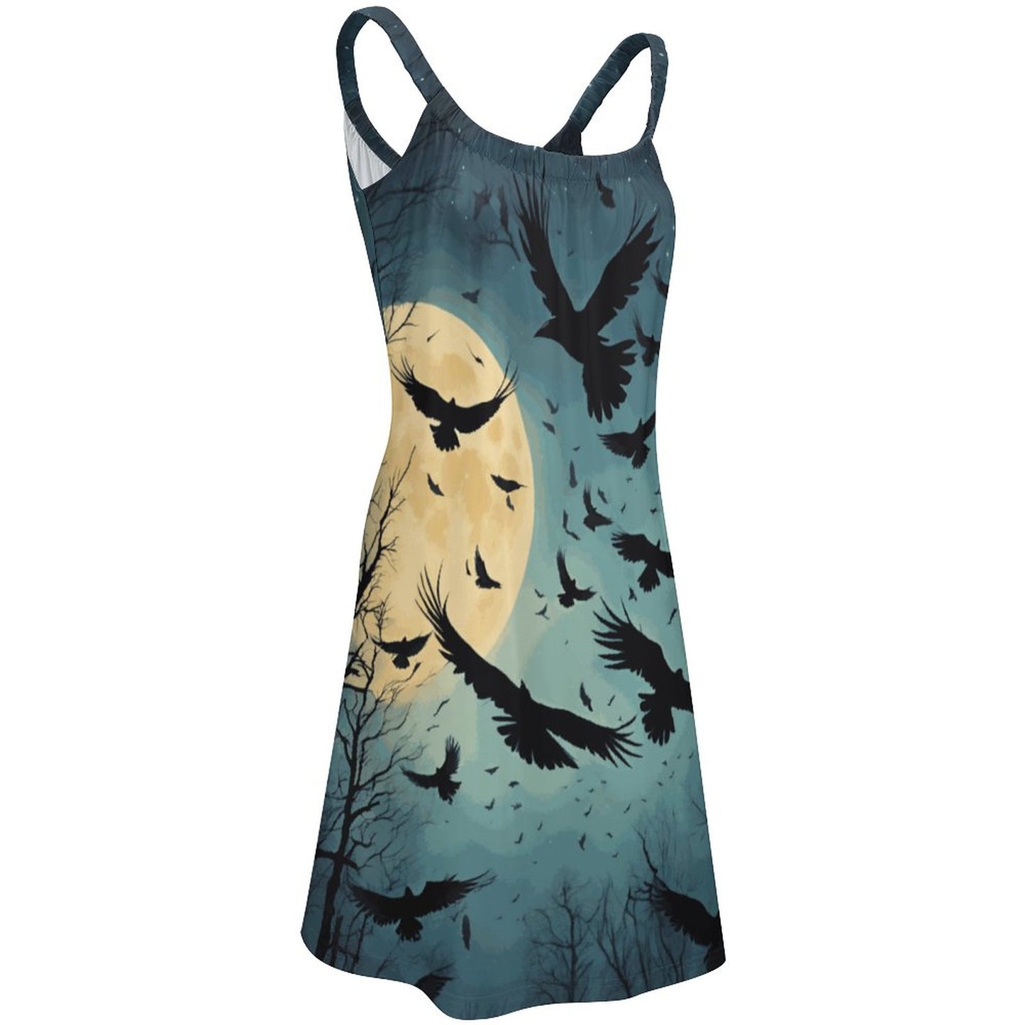 Dress with bird and moon design on a white background