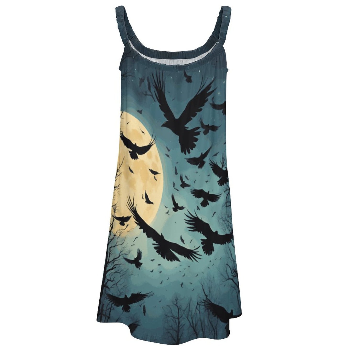Dress with a design of birds flying around a moon on a white background