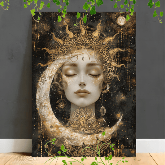 Golden celestial woman Artistic printing, Wooden Framed Canvas Painting Artistic printing, Golden celestial woman with sun headdress, crescent moon, and star