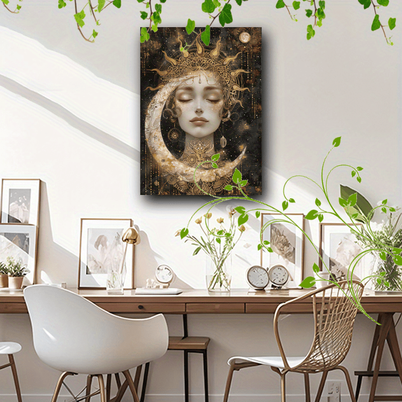 Golden celestial woman Artistic printing, Wooden Framed Canvas Painting Artistic printing, Golden celestial woman with sun headdress, crescent moon, and star