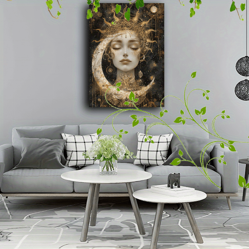 Golden celestial woman Artistic printing, Wooden Framed Canvas Painting Artistic printing, Golden celestial woman with sun headdress, crescent moon, and star