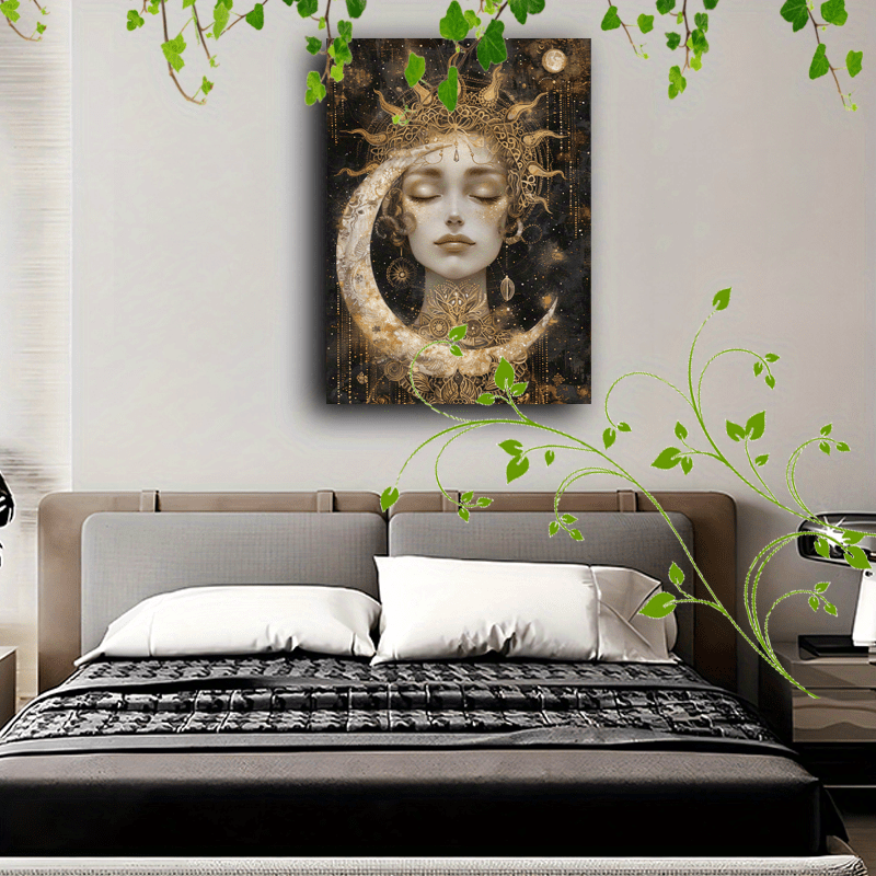 Golden celestial woman Artistic printing, Wooden Framed Canvas Painting Artistic printing, Golden celestial woman with sun headdress, crescent moon, and star