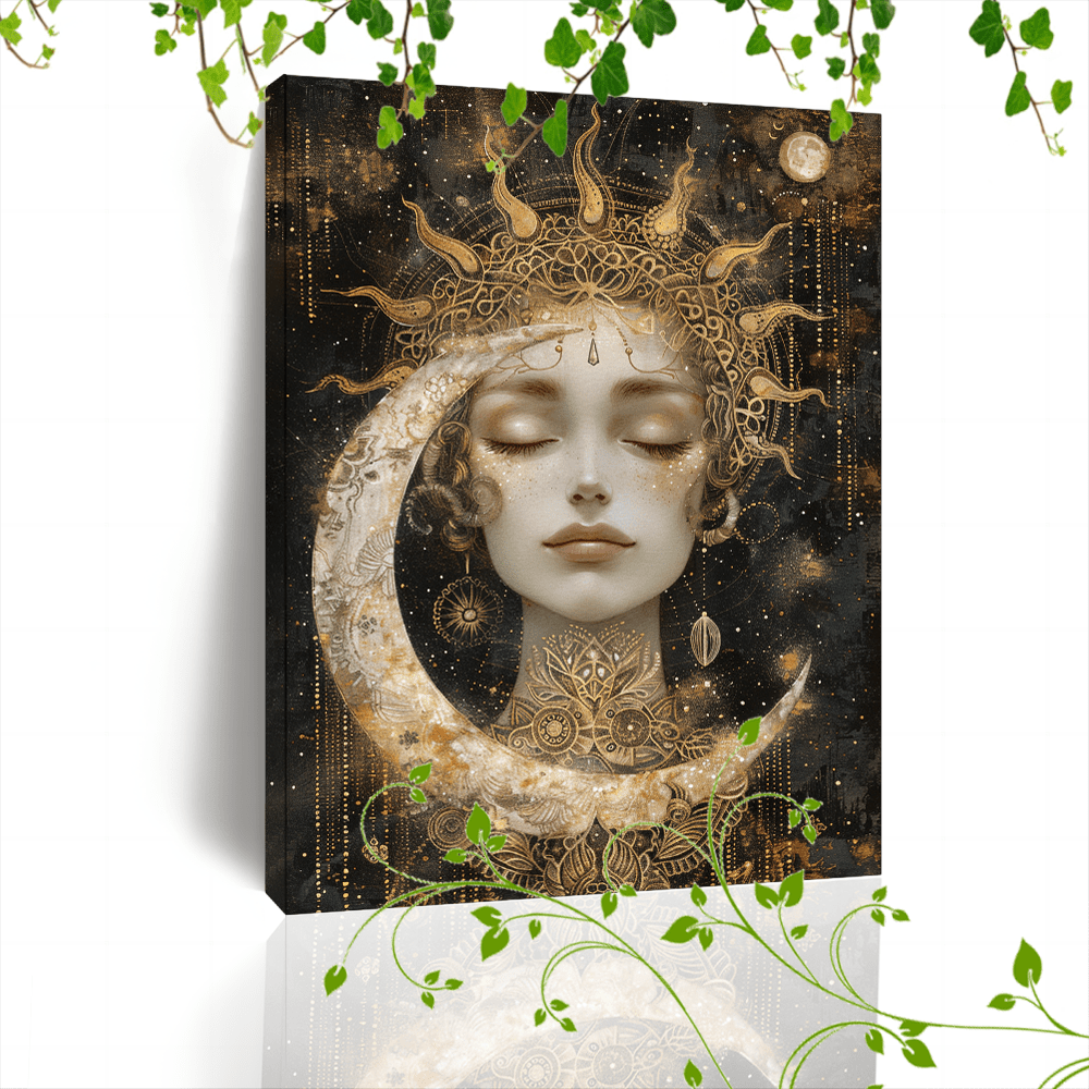 Golden celestial woman Artistic printing, Wooden Framed Canvas Painting Artistic printing, Golden celestial woman with sun headdress, crescent moon, and star