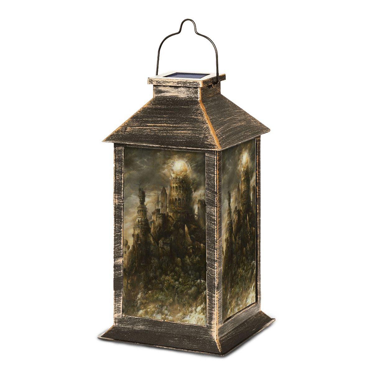 Decorative lantern with a castle design on a white background