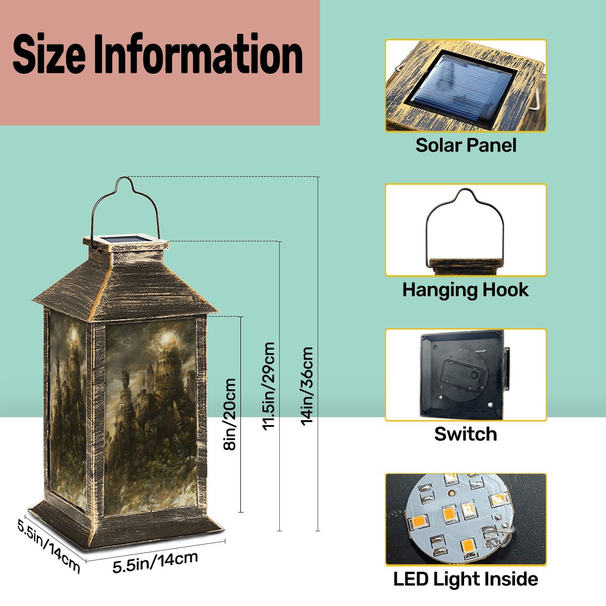 Lantern with solar panel, hanging hook, switch, and LED light inside, showing size information.