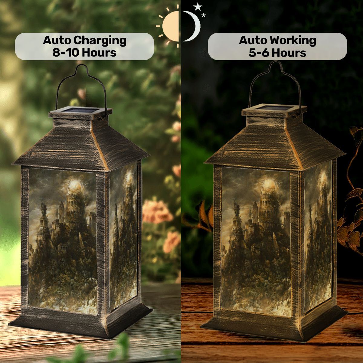 Solar lantern with 'Auto Charging' and 'Auto Working' text on a wooden surface.