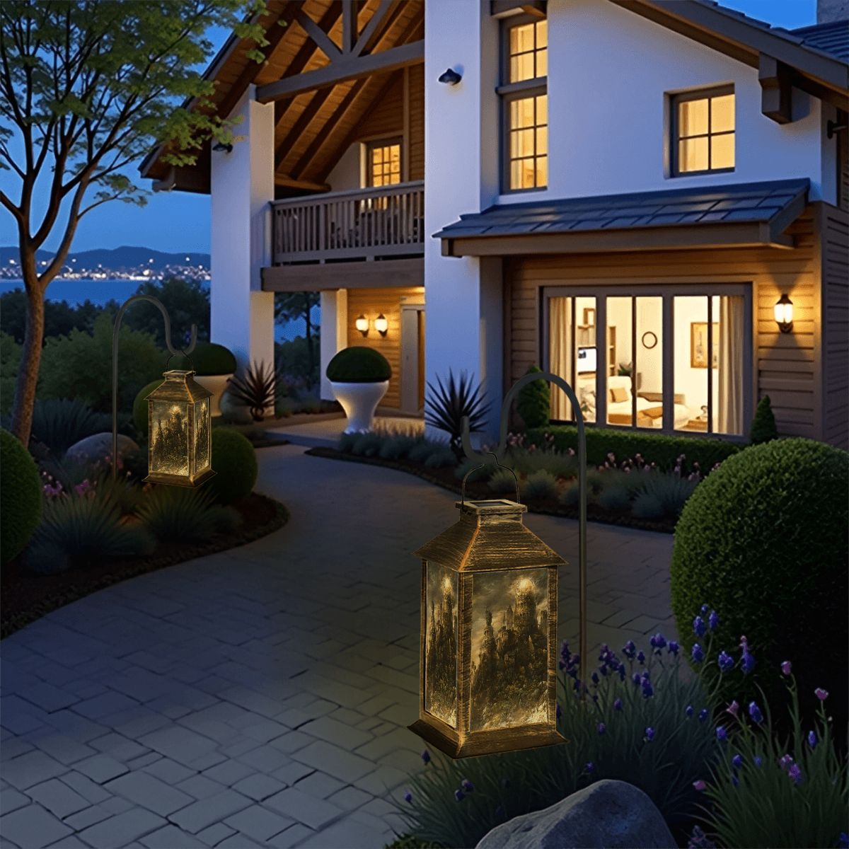 Luxurious house exterior with illuminated windows and decorative lanterns at night.