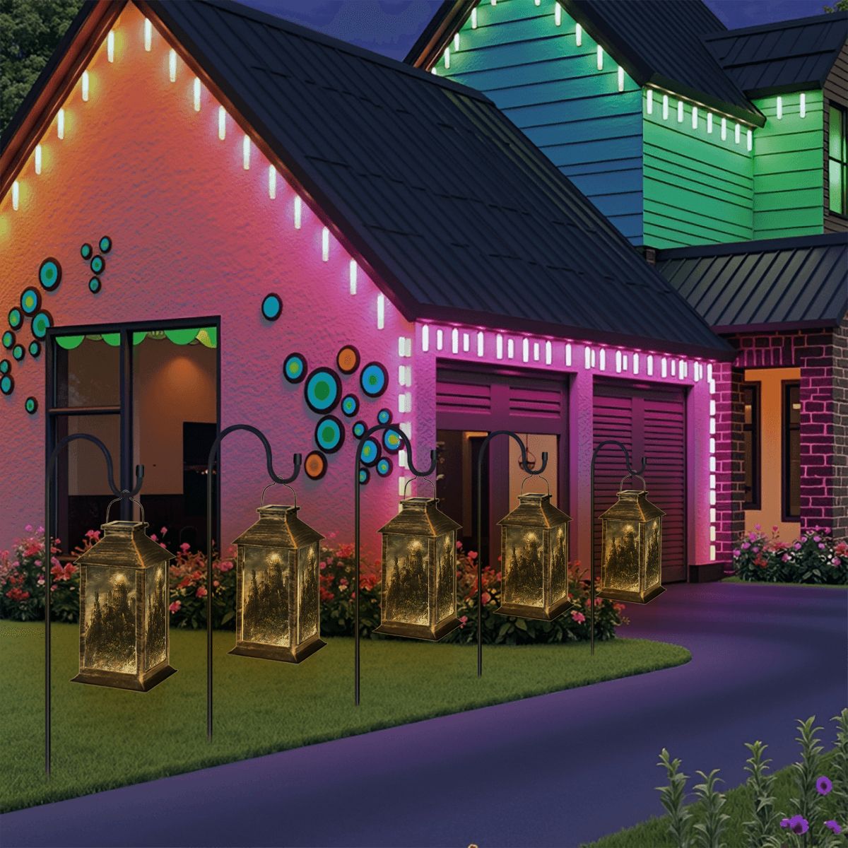 Colorful house exterior with decorative lights and lanterns in a garden setting.