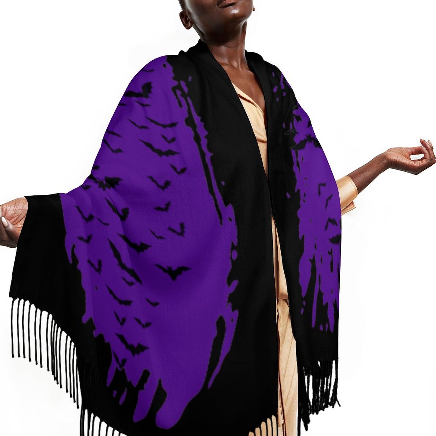 Gothic Clothing Cloud of Bats Super Soft Tassel Scarf, Halloween Scarf Bird Lover Gift Fall Fashion Scarf, Gothic Bat Fashion,Wiccan Clothes