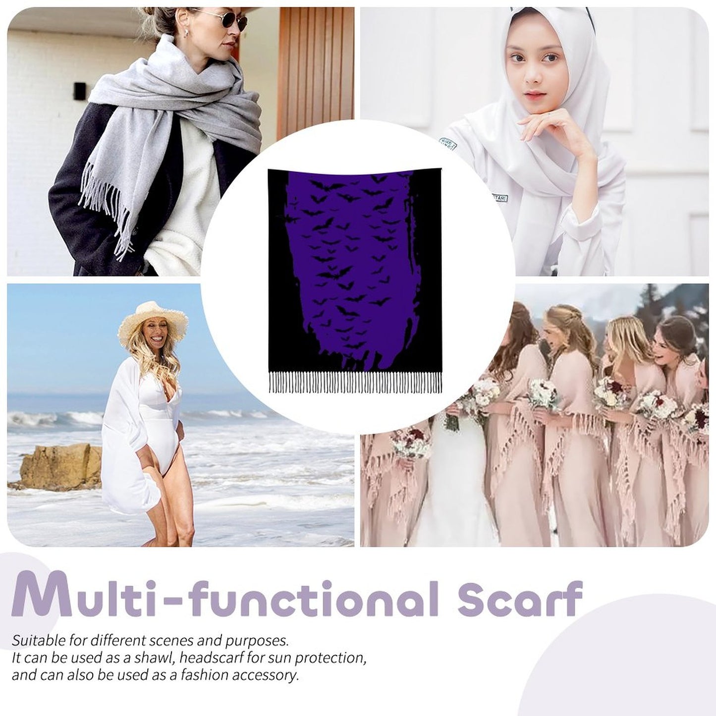 Gothic Clothing Cloud of Bats Super Soft Tassel Scarf, Halloween Scarf Bird Lover Gift Fall Fashion Scarf, Gothic Bat Fashion,Wiccan Clothes