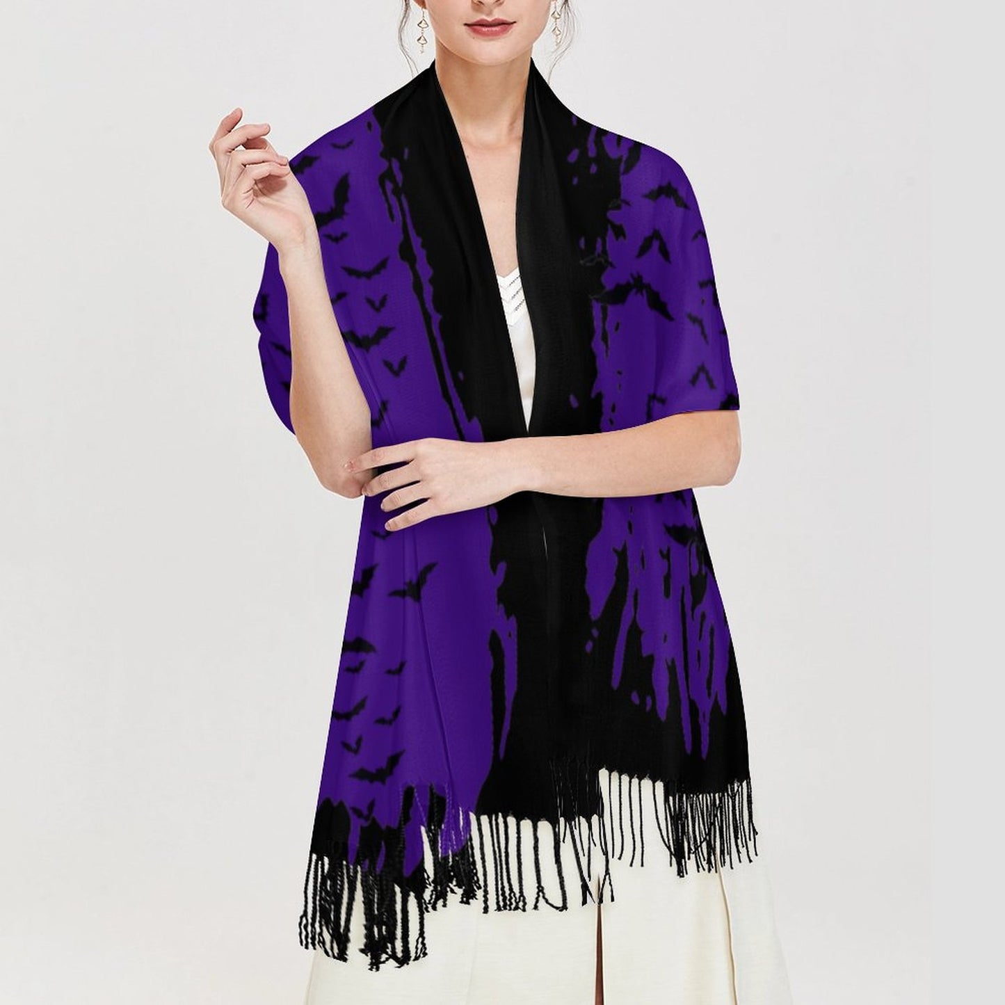 Gothic Clothing Cloud of Bats Super Soft Tassel Scarf, Halloween Scarf Bird Lover Gift Fall Fashion Scarf, Gothic Bat Fashion,Wiccan Clothes