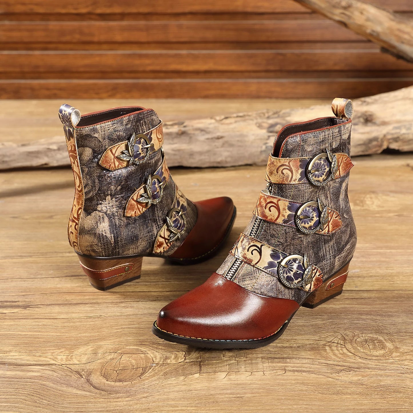 Johnature Embossed Strap Ankle Boots, Genuine Leather Patchwork Front Zip Pointed Toe