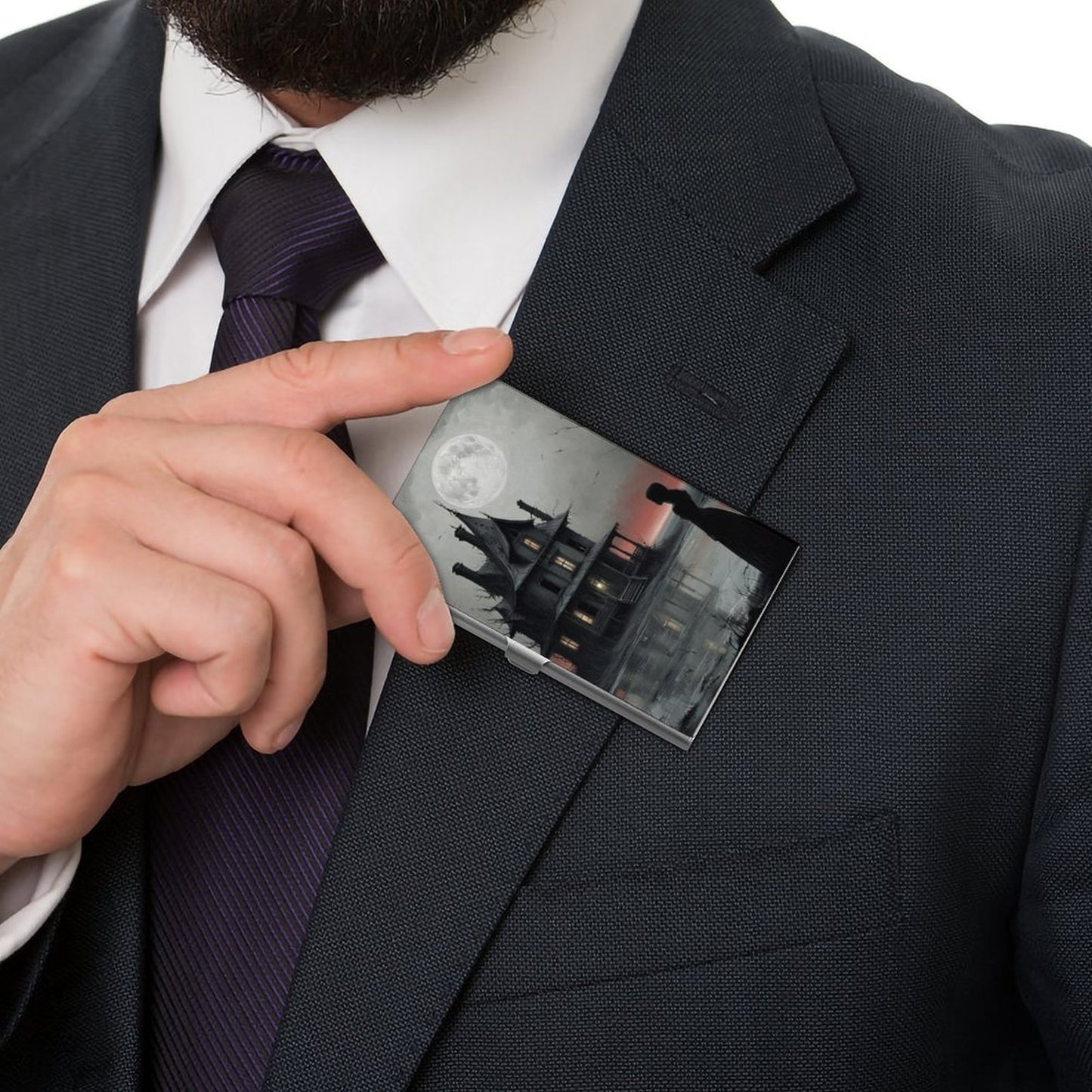 Haunted Night Aluminum Business Card Holder: Witchy Office Decor