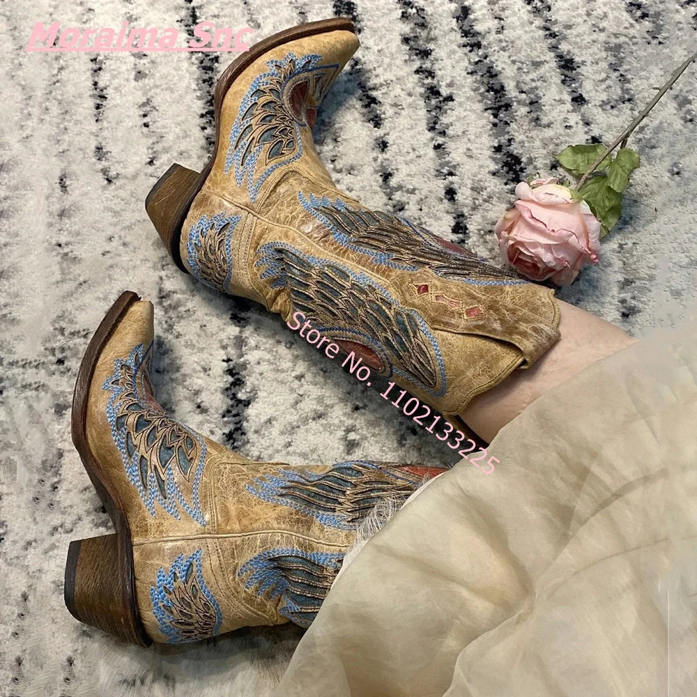 Heart Angel Wings Cowboy Boots, Pointed Toe Suede Slip On Leather Boots